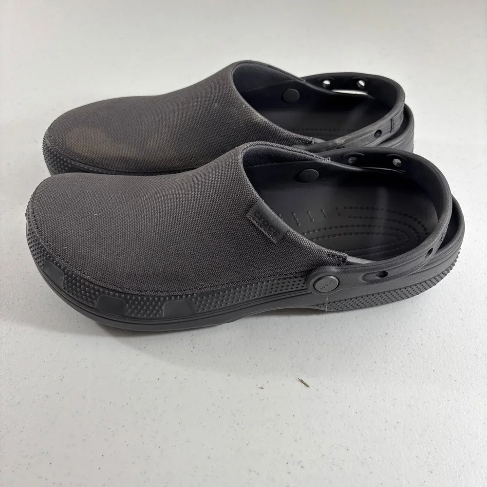 Crocs Classic Crafted Clogs Mens 12 Black Canvas Textile Upper Strap Shoes EUC!